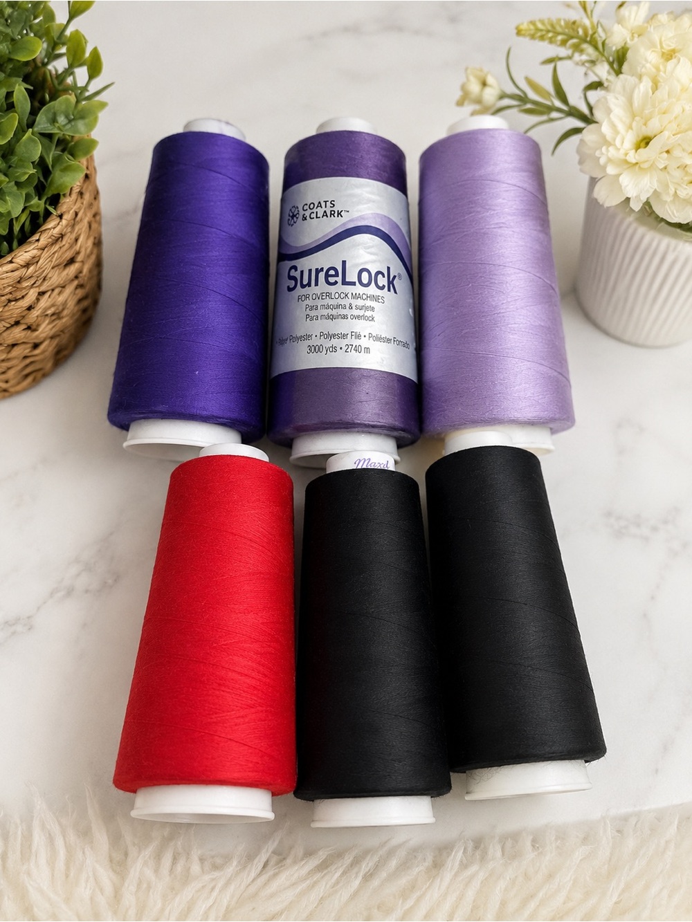 SureLock Polyester Thread Cones - Purple, Red, Black